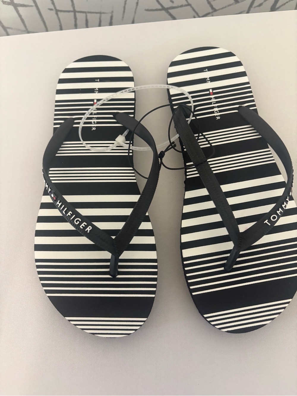 Tommy Hilfiger Black & White Striped Women's Flip Flops - Picture 3 of 6